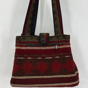 Vtg. Johnson Woolen Mills Southwestern Aztec Blanket Shoulder Bag Brown Red Wool